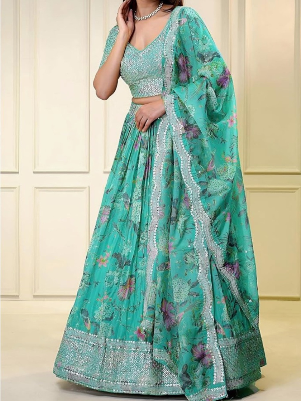Aqua Floral Print & Sequins Embroidered Organza Lehenga Choli Set W Dupatta XS